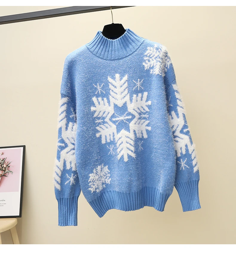 

Women Runway Printed Snowflake Christmas Knitted Sweater 2019 Newest Autumn Womans Pullover Long Sleeve Thick Warm Sweaters Tops