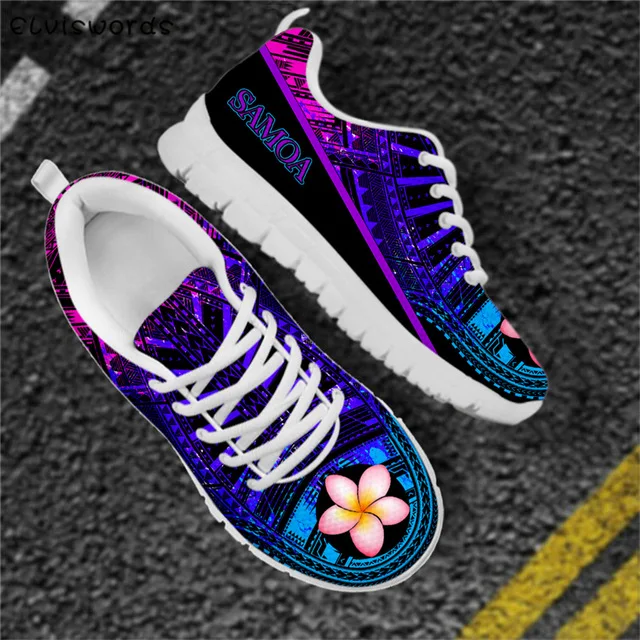 

ELVISWORDS Samoa Polynesia Tribe Plumeria Pattern Breathable Air Mesh Sneakers for Women Leisure Ladies Lace Up Sneaker Flats