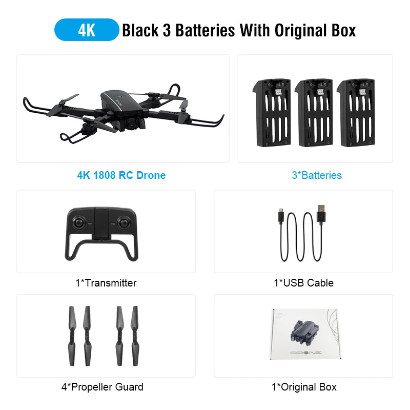 Black 4K 3Batteries 1808 wifi FPV с 4K широкоугольной камерой оптический поток режим удержания высоты складной Радиоуправляемый Дрон Квадрокоптер RTF - Цвет: Black 4K 3Batteries