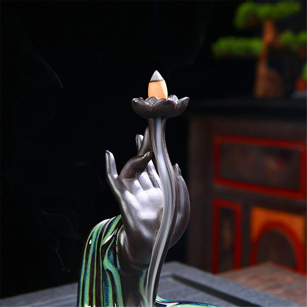 Ceramic Blackflow Incense Burner with 20pcs Incenses Bergamot Lotus Creative Wealth Ornaments Home Office Decoration | Дом и сад