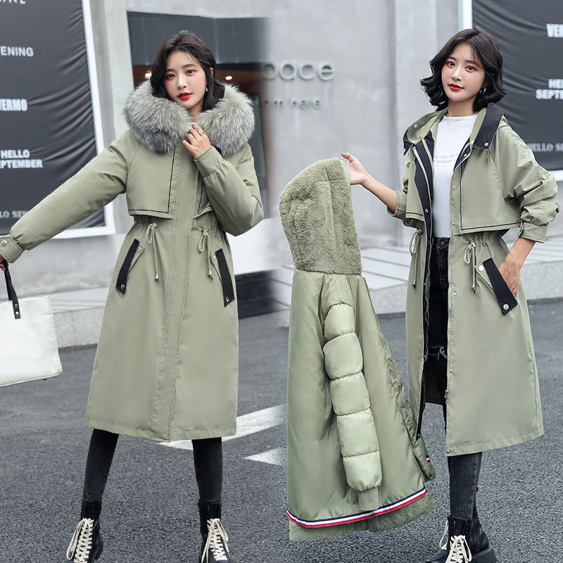 

Long Fur Hooded Parkas 2021 New Winter Jacket Women Big Pocket Adjustable Waist Wool Liner Coat Three Ways To Wear
