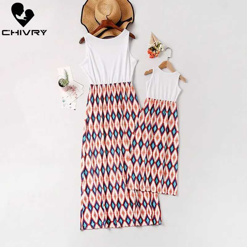 

Chivry New Mother Daughter Dresses Sleeveless Patchwork Print Long Maxi Dress Mom and Daughter Sundress Family Matching Clothes