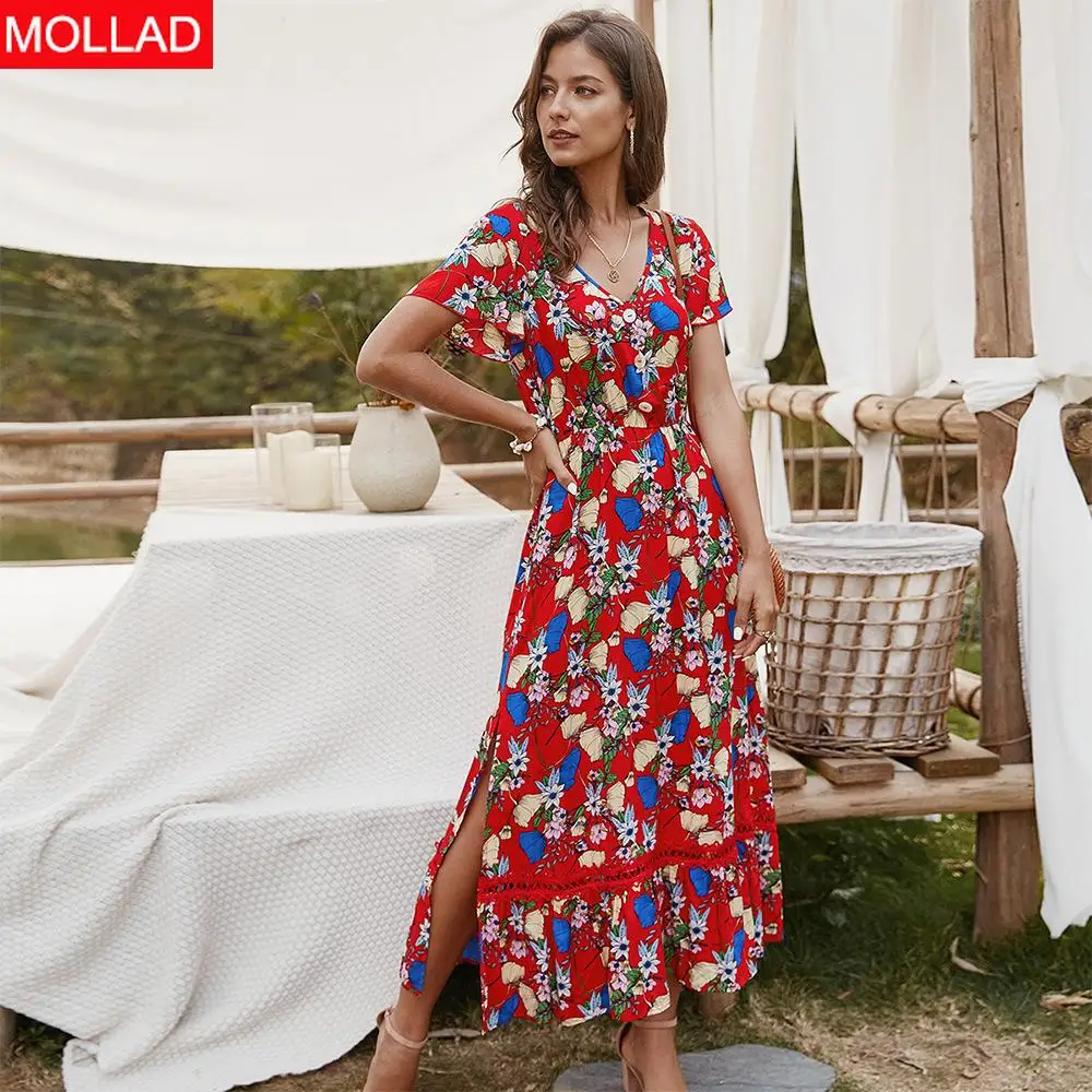 

2020 Women Summer Dress Ankle-length V Neck Floral Print Women Dress Long dress for Women