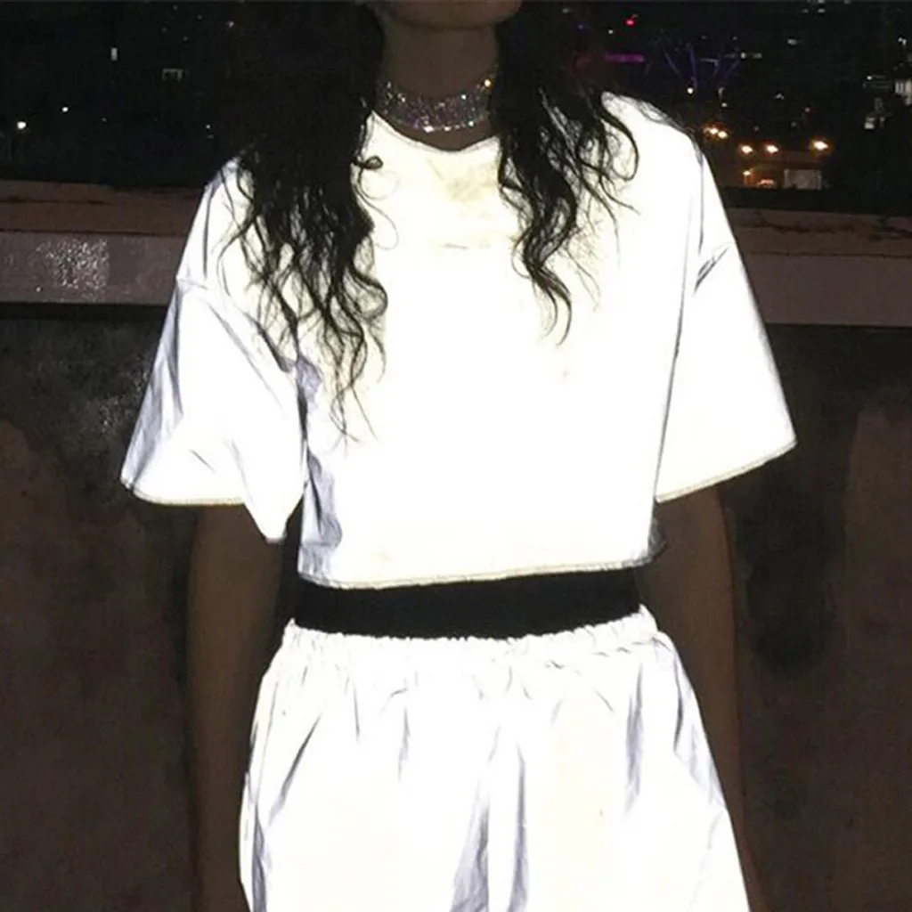 Модная Светоотражающая футболка кроп-топ Повседневная летняя Женская туника с