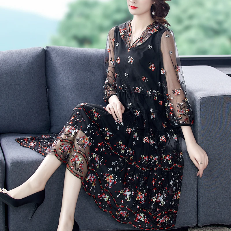 Women Loose Red Floral Mesh Embroidery Midi Dress 2021 Summer Vintage 5XL Plus Size Casual Dress Elegant Bodycon Party Vestidos