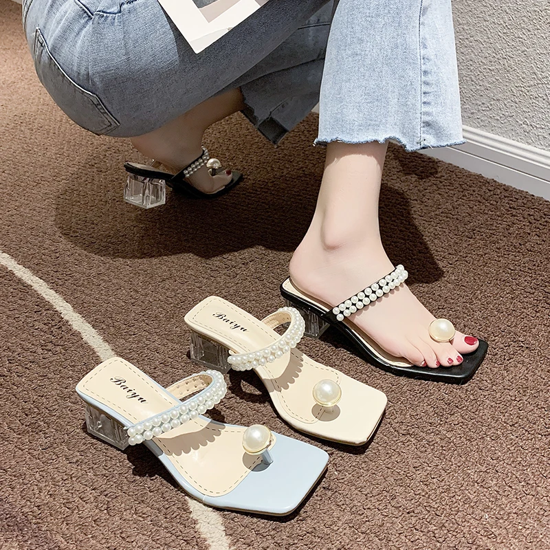 

Female Shoes Rubber Flip Flops Slippers Casual String Bead Transparent Heel Low Glitter Slides Heeled Mules 2021 Hawaiian Luxury