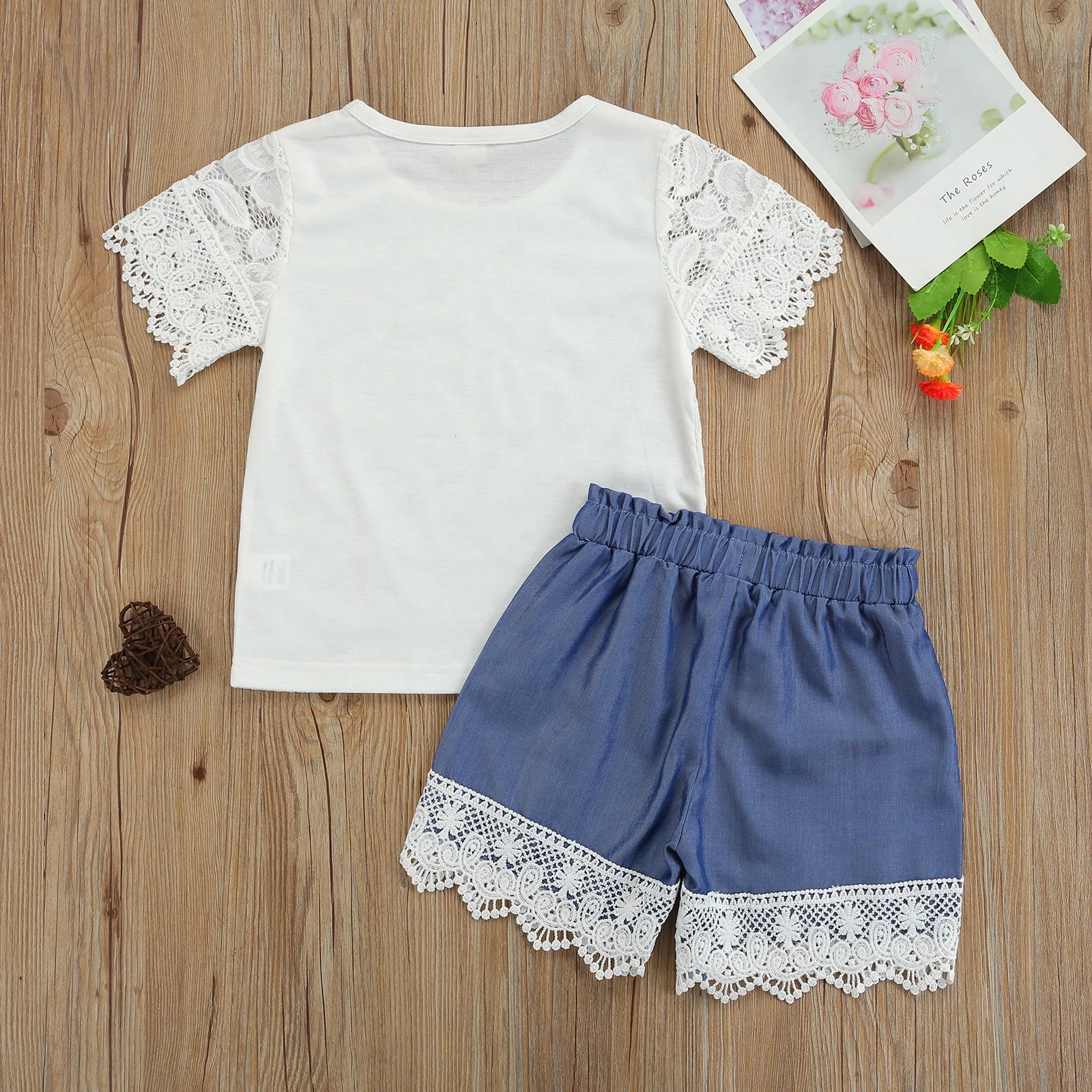 

2Pcs Kids Summer Outfit, Girls Lace O-Neck Short Sleeves T-Shirt and Stitching Elastic Waist Denim Shorts