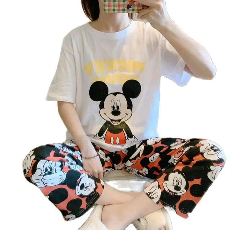 M-2XL Plus Size Disney Anime Minnie Mickey Mouse Pajamas Set Woman Summer Casual Tops and Pant Loose Soft Pijama Mujer Sleepwear