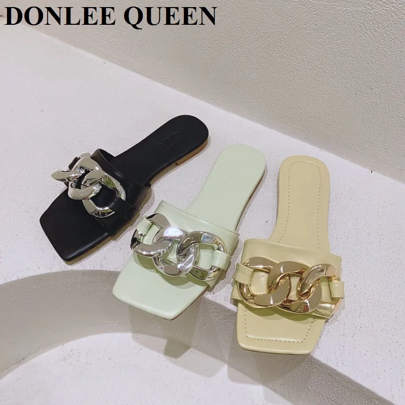 

2021 New Summer Slippers Women Fashion Gold Metal Chain Sandals Flat Square Toe Slides Beach Flip Flops Casual Shoes Big Size 41