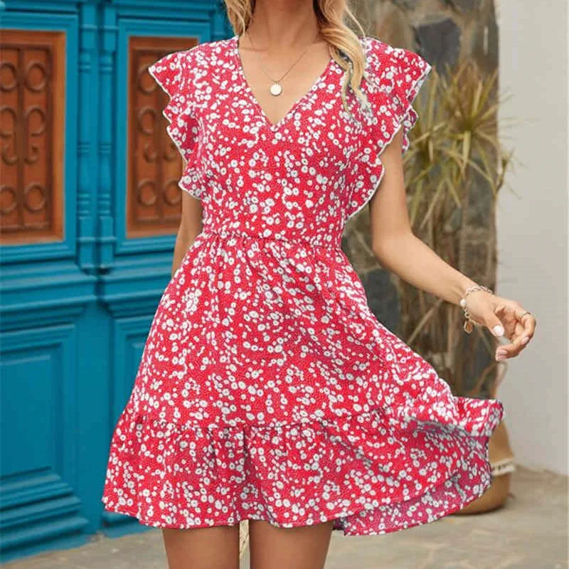 

2021 Women Dress Boho Floral Ruffle Short Mini Dress Summer Knot Sexy V-Neck Party Holiday Dress