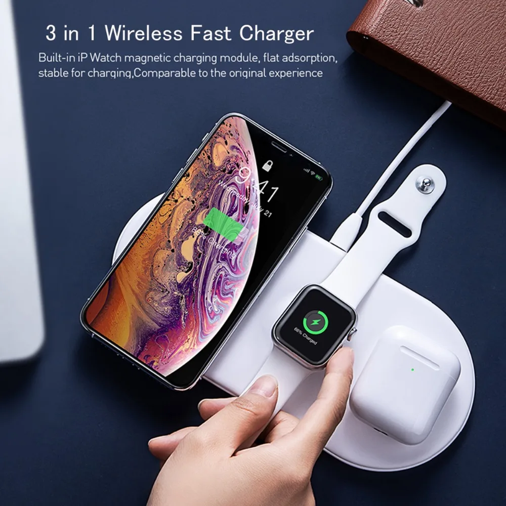 Беспроводное зарядное устройство Qi 3 в 1 для Apple Watch 2 4 Airpods iPhone X Xs Max Xr 8 Plus Samsung S9 S8 S10