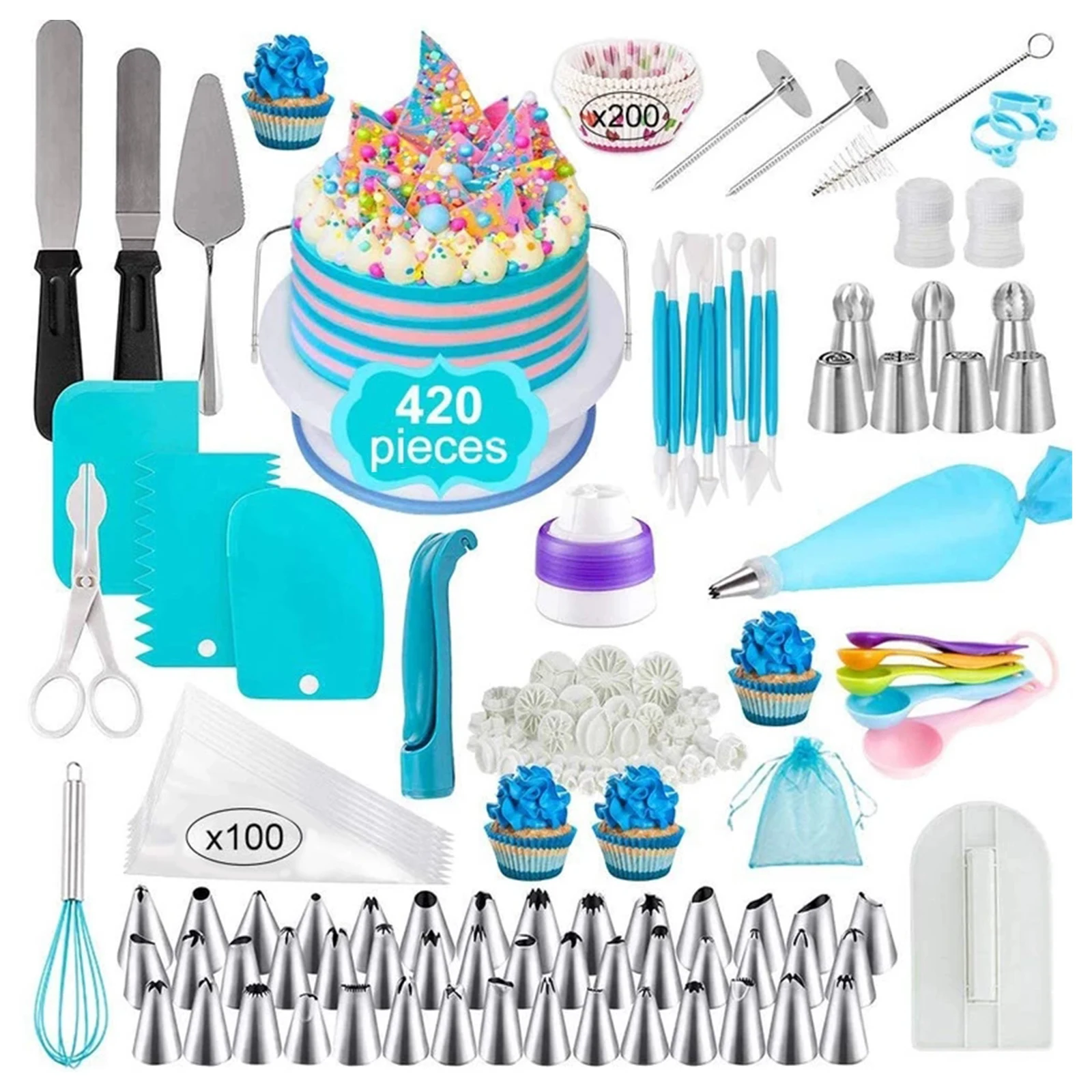 

420Pcs Cake Decorating Tools Set Russian Decorated Paper Cup Nozzle Pastry Bag Spatula Carved Pen Fondant Tool Measuring Spoon
