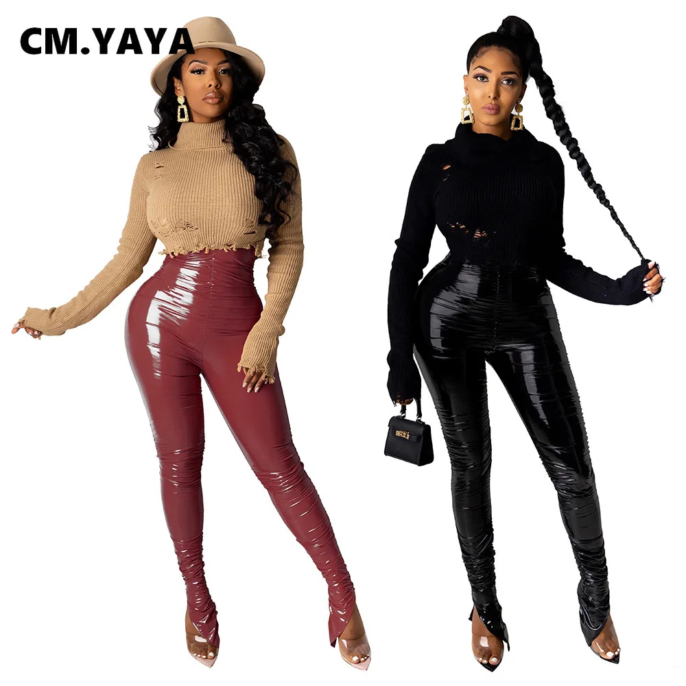 Женские брюки с высокой талией CM.YAYA уличная одежда из искусственной кожи рюшами