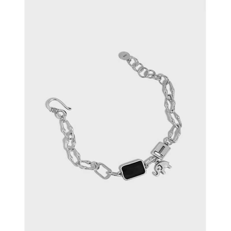 

"Forever love" Authentic 925 Sterling Silver Black Enamel Square &Elephant Charm chain Bracelet Wrist Jewelry TLS400