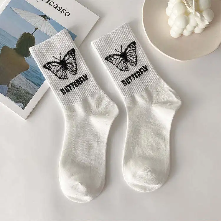Kawaii beautiful animal butterfly socks women's socks black and white leg pile socks street sports trend Harajuku socks women