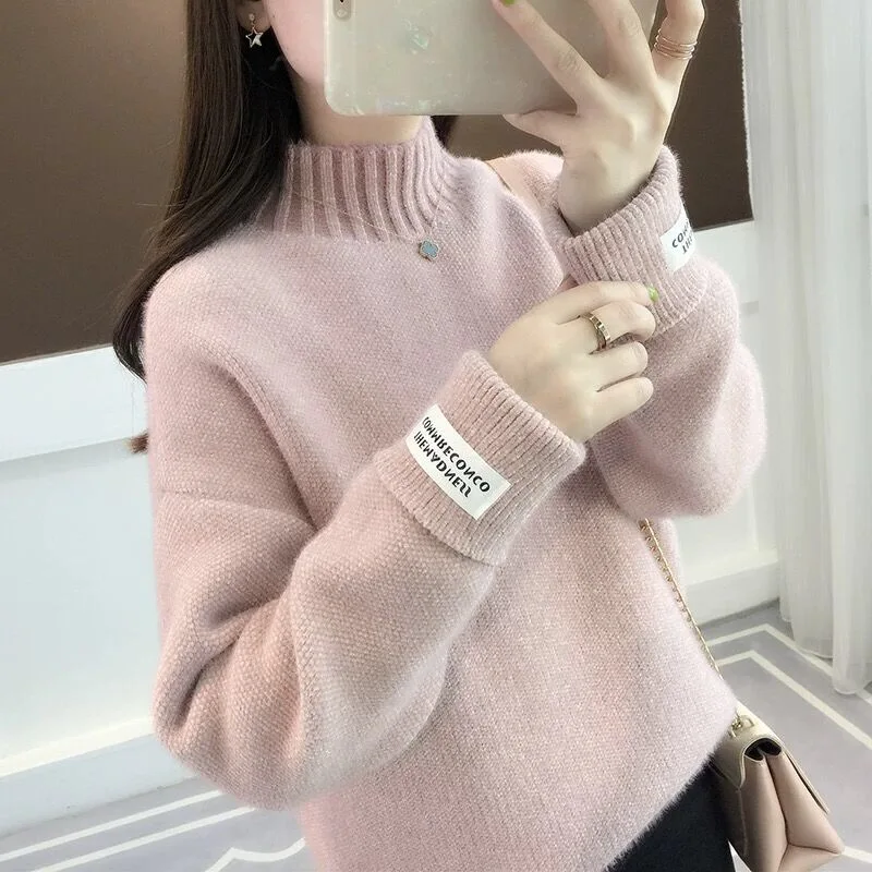 White Winter Sweater Women Letter Patchwork Turtleneck Thicken Warm Long Sleeve Knitted Pullover Jumper Elegant New V673 | Женская