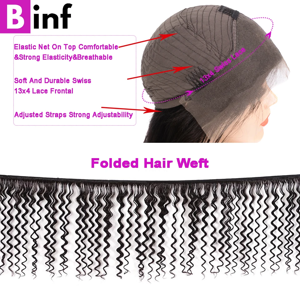 Binf бразильские волосы с глубокой волной без клея человеческие парики