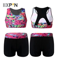 girls gymnastic ballet dance wear sports outfits sleeveless cutouts racer back 3d digital printed crop top with boy cut shorts