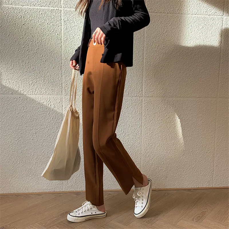 

Chic Retro Split Slim 2021 All Match Vintage High Waist Brief Trousers Stylish Office Lady Large Size Straight Pants