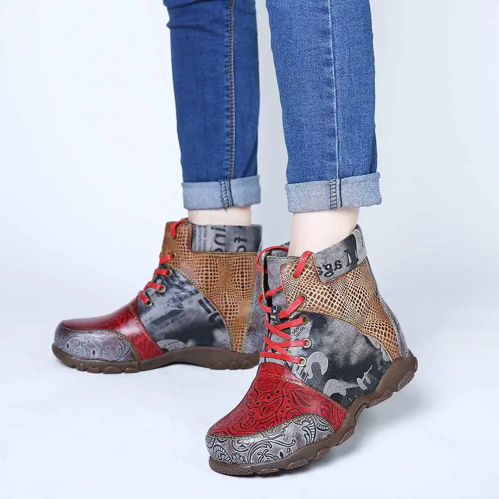 

SOCOFY Retro Boots Big Head Embossed Genuine Leather Splicing Newspaper Pattern Flat Lace Up Boots Women Shoes Botas Mujer