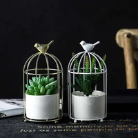 1pcs nordic style bird cage ceramic flower succulen pot trays elegant iron frame flower plant holder stand desktop decoration