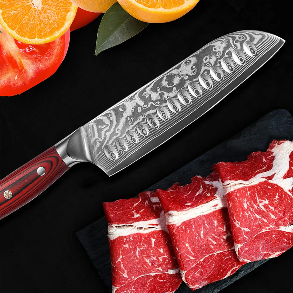 

Damascus Steel Knife 67 Layers VG10 Core Natural Damascus Veins Ultra Sharp 7In Santoku Japanese knife G10 Handle Kitchen Tools