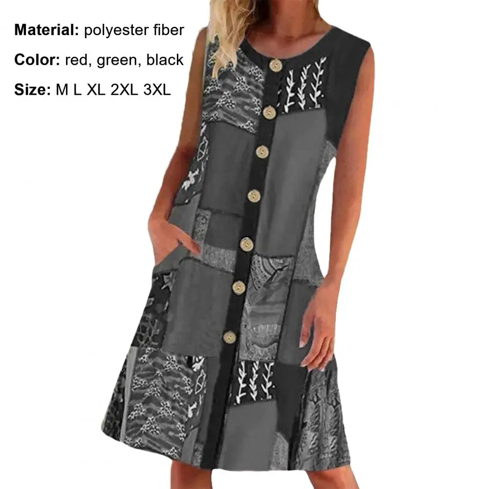

Summer Dress Women Dresses Bohemian Women Dress Sleeveless Patchwork Design Polyester Round Neck Loose Dress Holiday Dresses