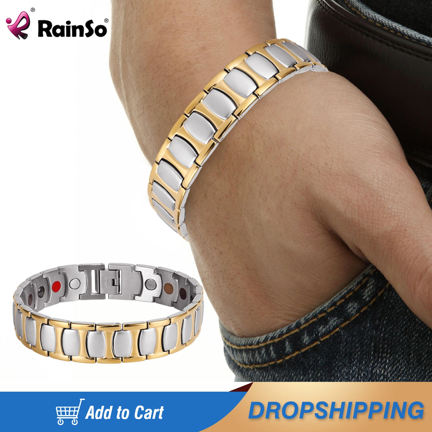 

Rainso Healing Stainless Steel Bracelets For Man Magnetic 5 Healthy Elements Gold Bracelet & Bangles Hand Chain Bracelet viking