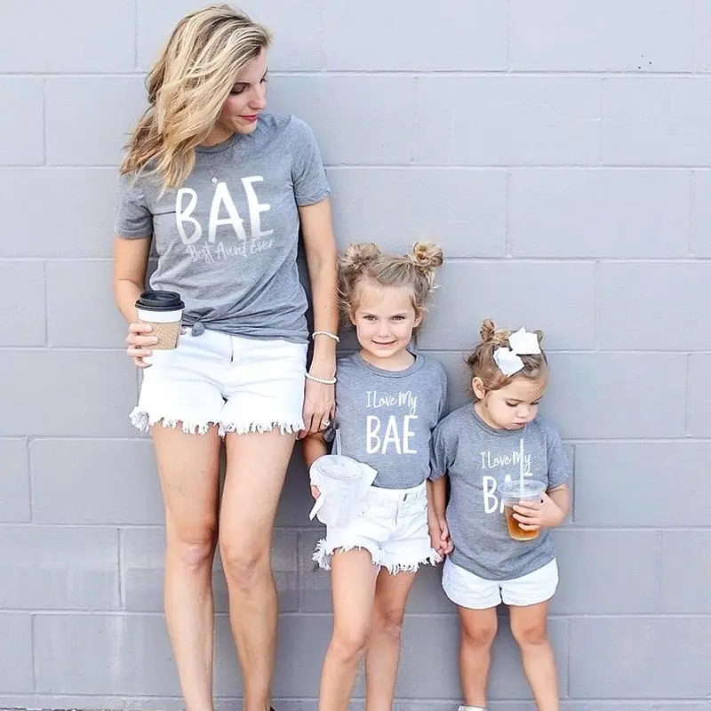 

2021 fall new mother and daughter round neck short-sleeved T-shirt mom and girl simple white letter print fashion trend tops