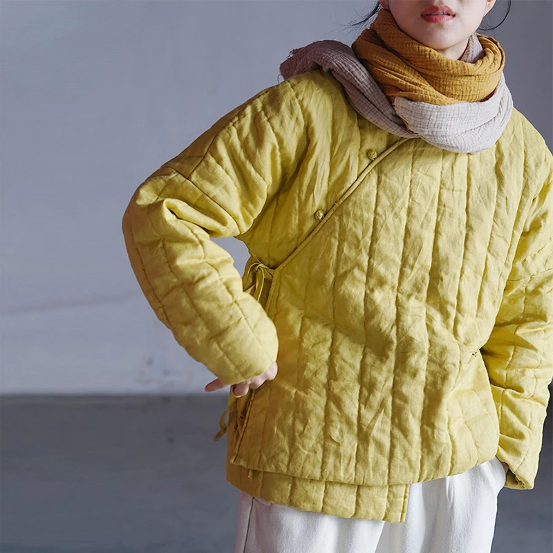 Женская льняная парка Johnature винтажная теплая с воротником-стойкой в китайском