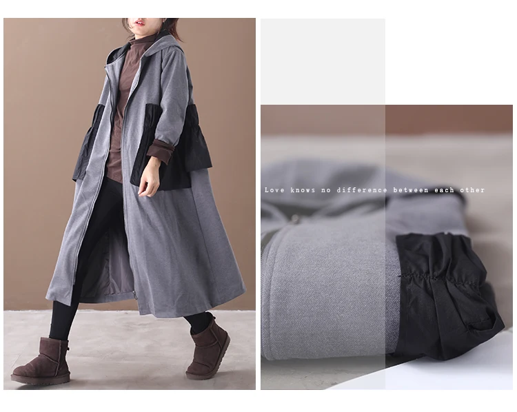 female new autumn and winter plus size korean style outerwear literary ruffled stitching hooded with velvet loose trench