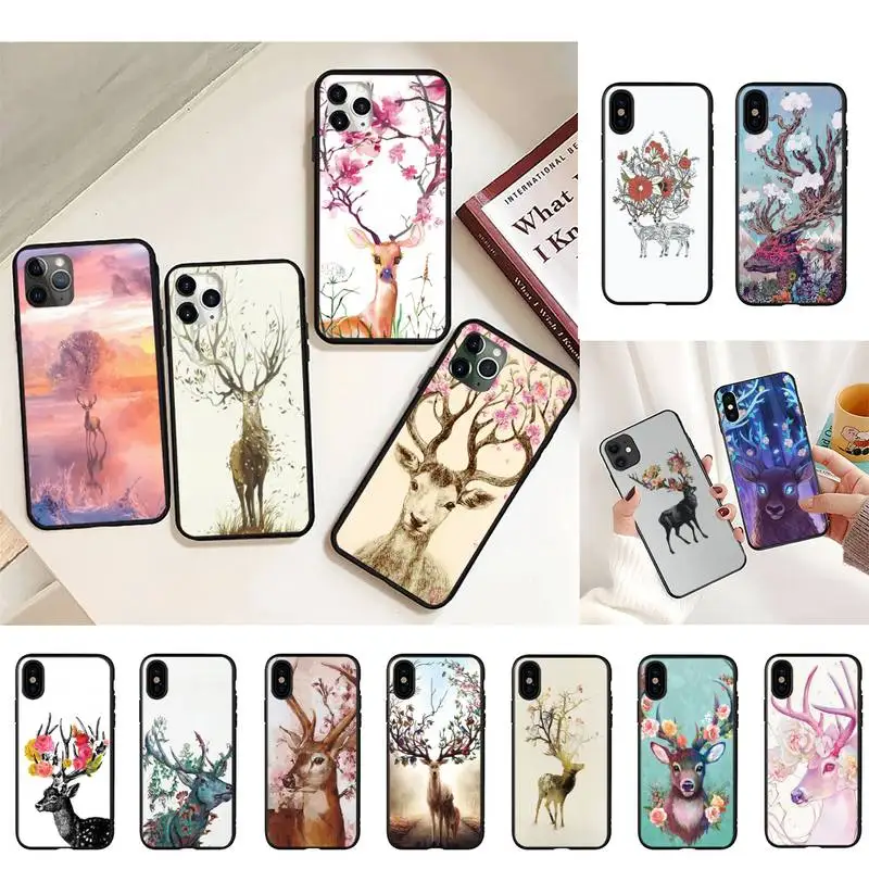 

FHNBLJ Deer flowers painting Phone Case for iPhone 11 12 13 mini pro XS MAX 8 7 6 6S Plus X 5S SE 2020 XR case