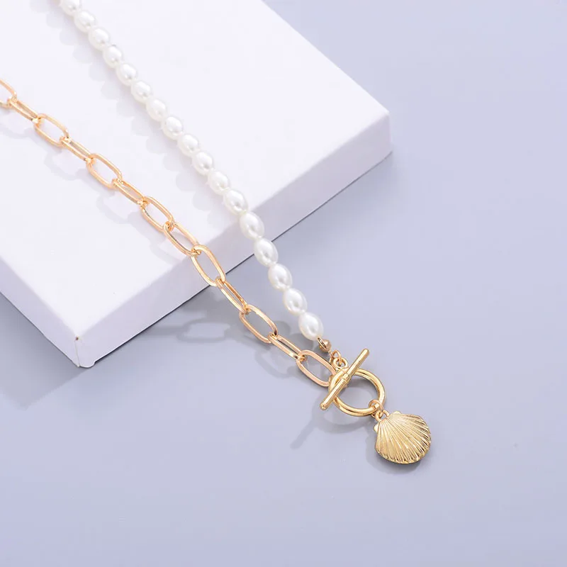HONGYE The New Lisiting Long Pendants Scallop Shell Shape Half Imitation Pearl Chain Necklace 2020 Women Trendy Sautoirs Collier | Украшения