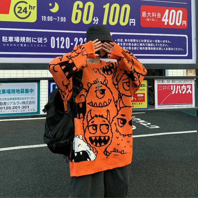 

Harajuku Oversize Loose Women's Sweater Retro Port Lazy Port Style Cartoon Anime Knitted Sweater Korean Female Pullover Sweater