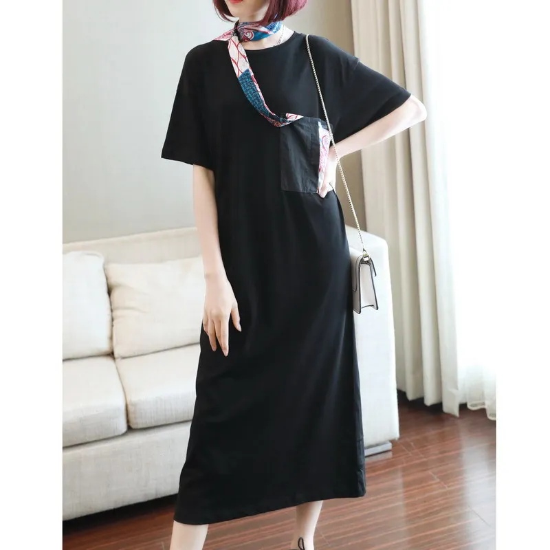 

Cotton Linen Black T Shirt Dress Women with Pocket & Bow Half Sleeve Midi Casual Dresses for Women Summer Fashion Long Dresses