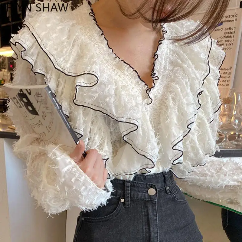 

Korea Chic V-neck Ruffled Shirts Women Elegant Stitching Ruffles Blouse Translucent Flare Sleevess Summer Blouse Female Tops
