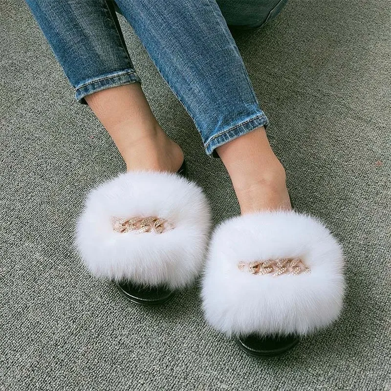 

2021 Design Real Fox Fur Slippers Chain Fur Slides Summer Shoes Sandals Furry Slippers Indoor Ourdoor Fluffy Slippers