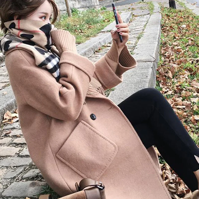 Женское зимнее пальто с длинным рукавом теплое одноцветное шерстяное женское