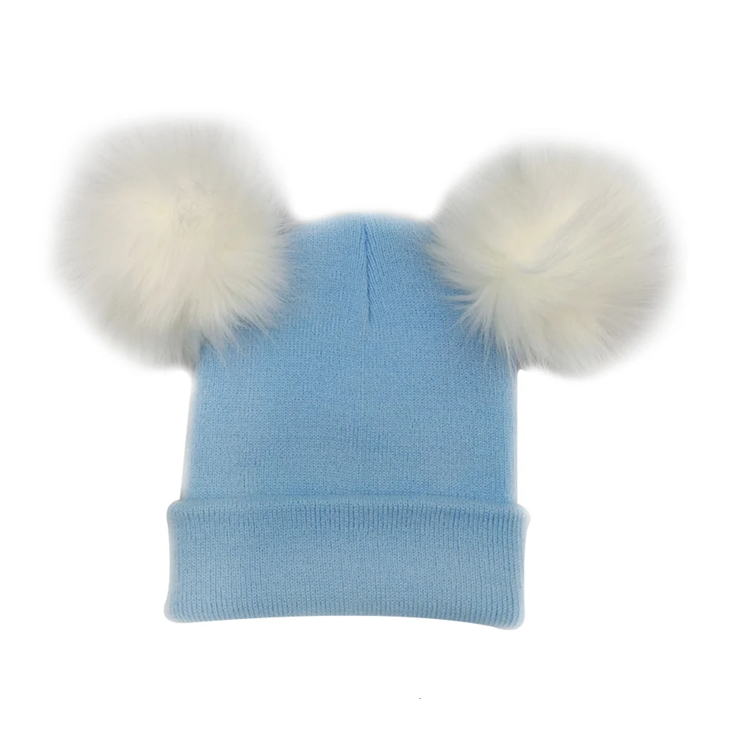 

New Women Faux Fur Pompom Hat Female Winter Warm Cap Knitted Beanie Girl Double Ball Pom Pom Hats Woman Bonnet Femme40