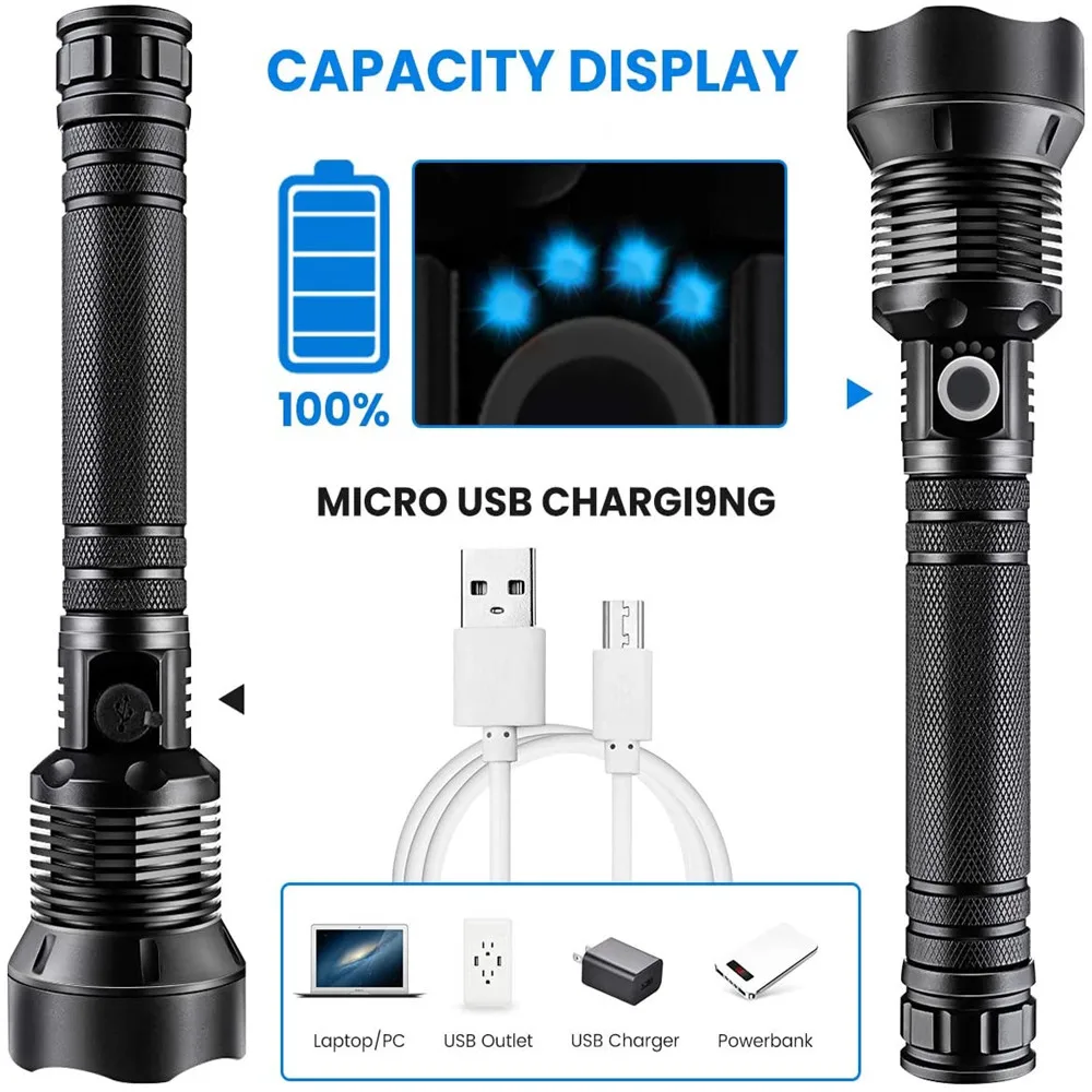 Lâmpada à Prova Lumens Lanterna Tática Xhp70.2 Ultra Poderosa Dwaterproof Água Recarregável Flash Luz 18650 ou 26650 Zoom Acampamento 90000 Led 7 ultra poderosa, à prova d'água, recarregável, flash