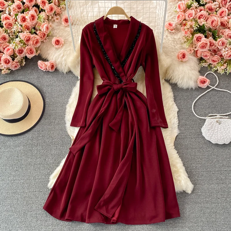 

Женское платье-ветровка средней длины, винно-красное платье до колен с длинным рукавом и V-образным вырезом, в стиле звезд, для осени, 2021