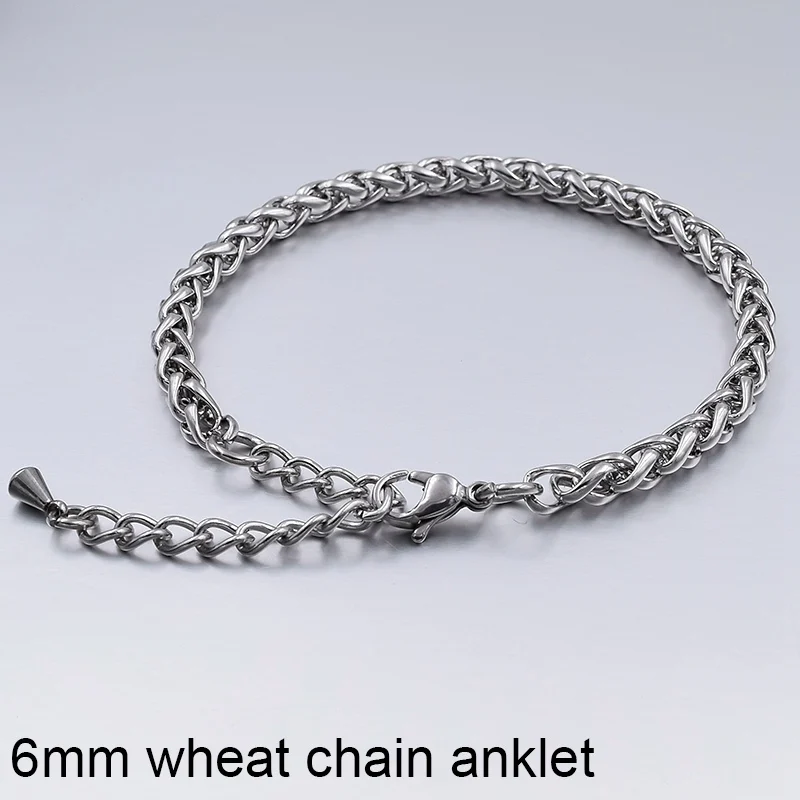 6mm wheat chain Ювелирные изделия летние пляжные браслеты на ногу лодыжки браслеты для женщин ножная цепочка простые мужские ножные браслеты из нержавеющей стали серебристого цвета - Окраска металла: 6mm wheat chain