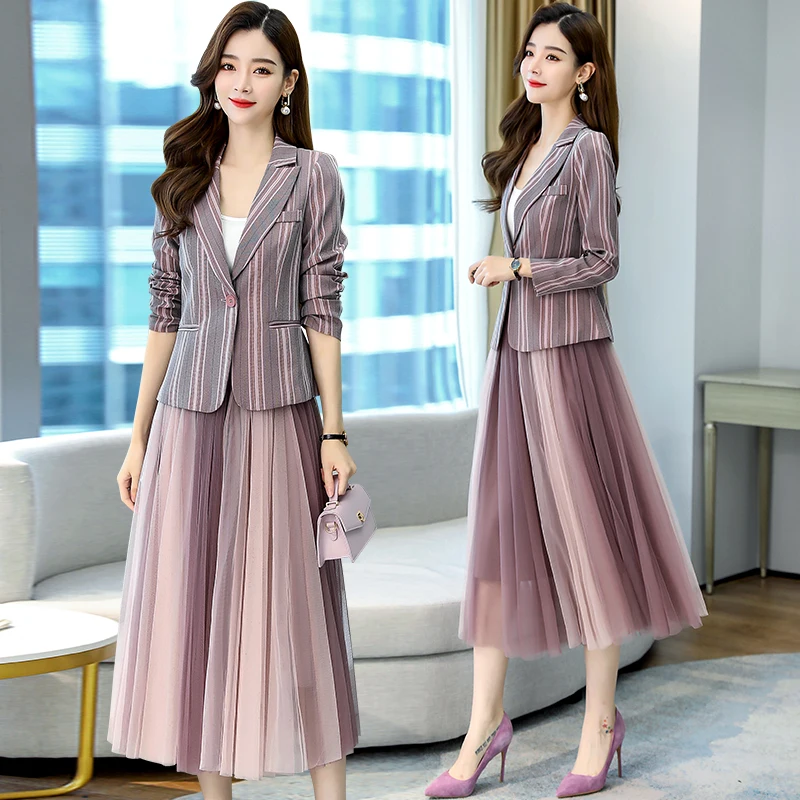 

Women Spring Autumn 2 Piece Set Striped Blazer High Elastic Waist Tulle Mesh Pleated Skirt Office Lady Jacket Skirt Suits
