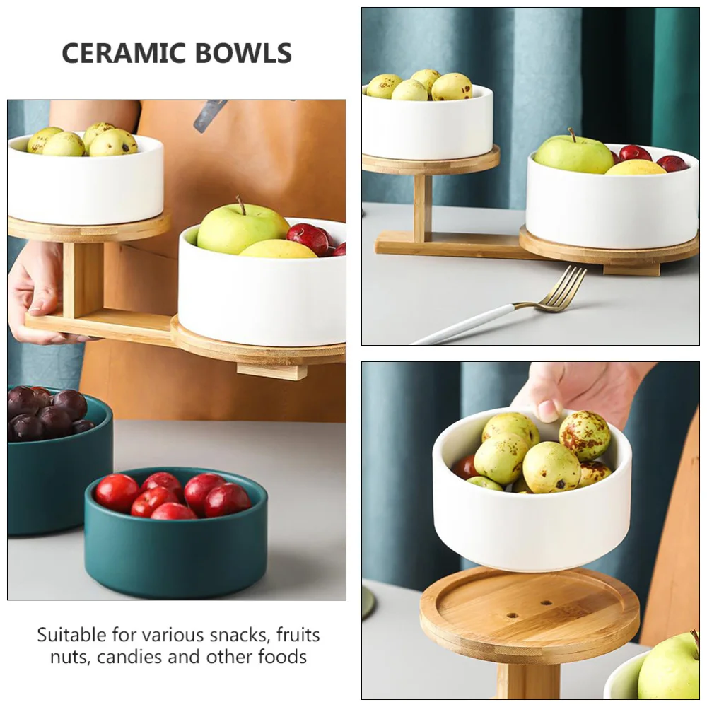 

1 Set Ceramic Fruit Bowls Snack Holders Organizers Salad Bowls with Wooden Rack