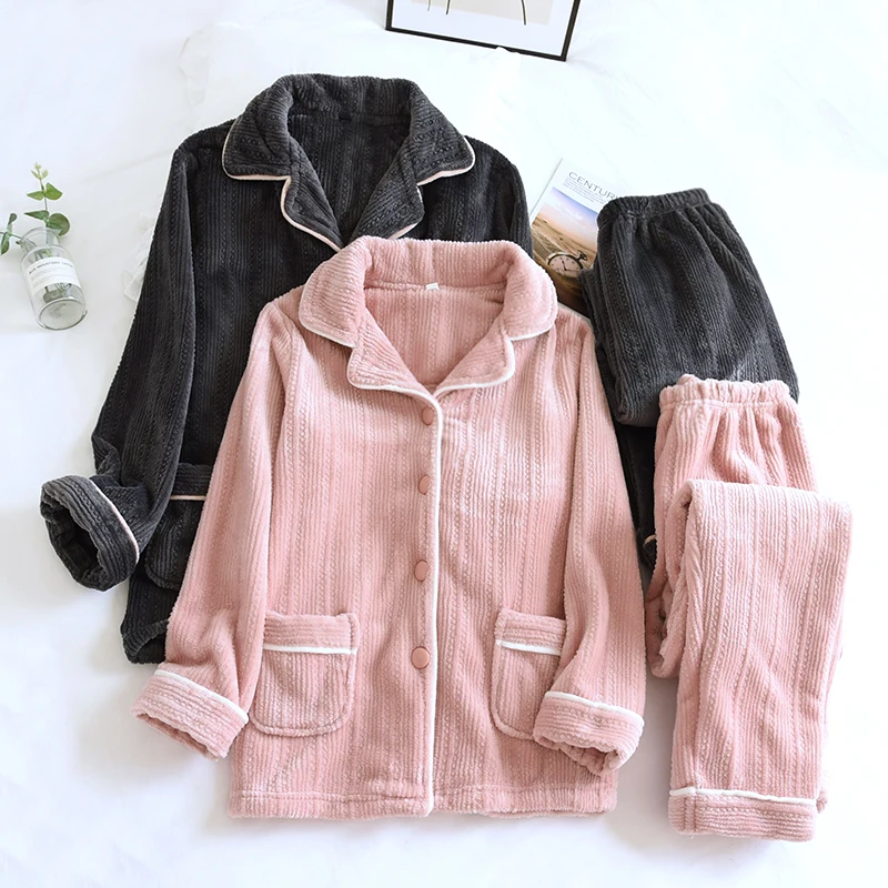 

Winter Flannel Couple Clothes Pajama Set Sleepwear Femme Pyjama Long Sleeve Trouser Ensemble Female Pijama Thicken Warm Homewear