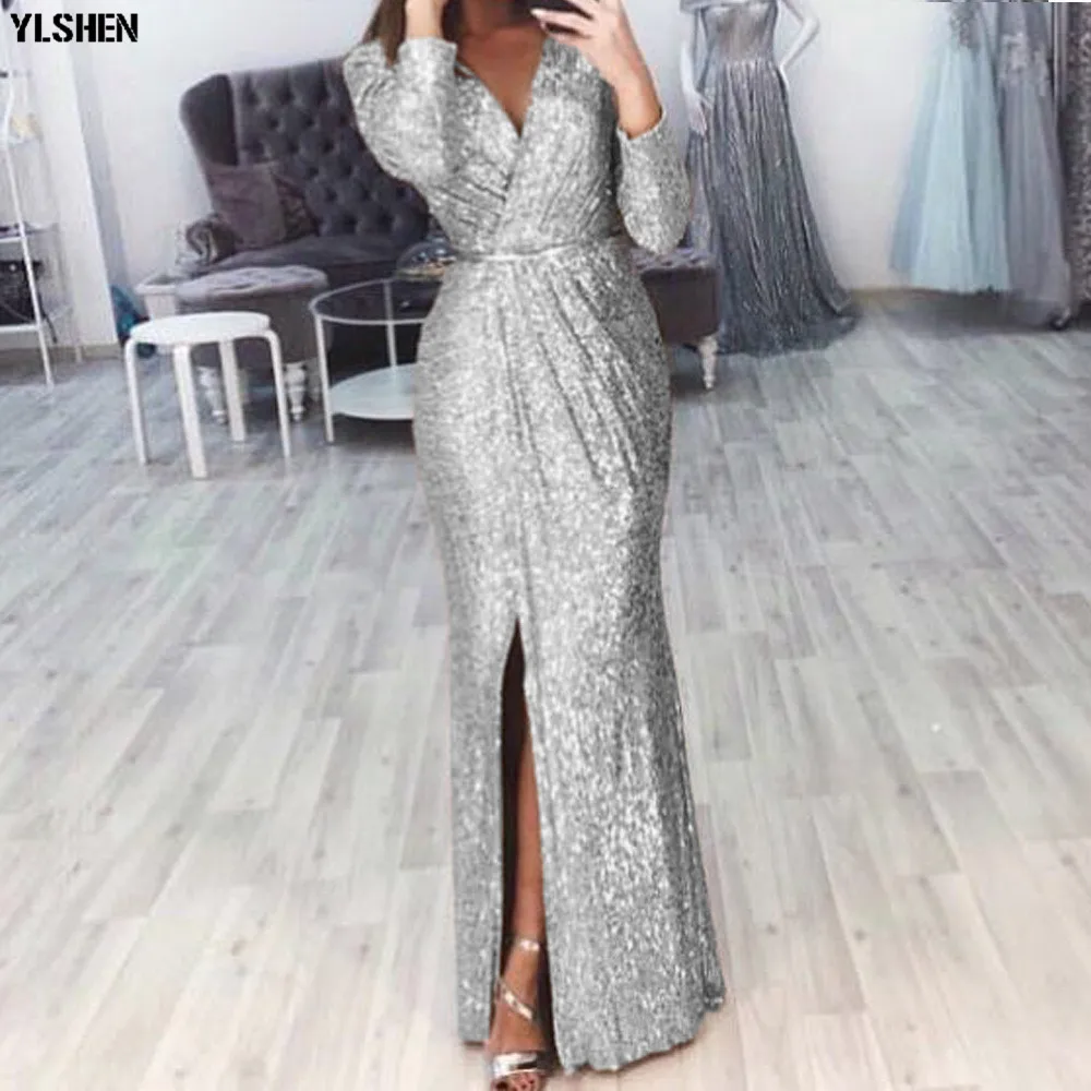 Evening Party African Dresses for Women Plus Size Glitter Long Sleeve Peplum Vestidos Africa Clothing Maxi Dress Elegant Clothes
