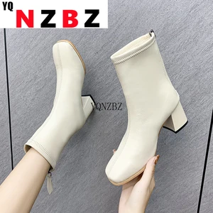 2021 Women Fashion Zippers Ankle Short Boots 6cm High Heels Winter Soft Leather Warm Booties Plus Size 43 Low Heels Women Boots