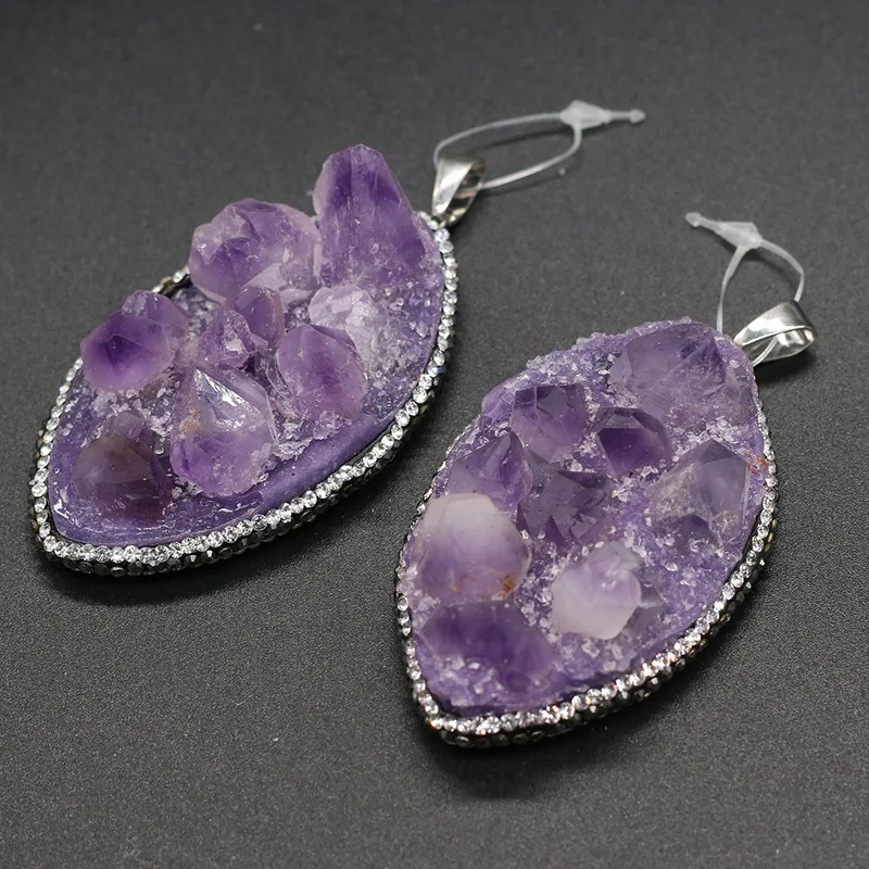

Natural stone pendant drop-shaped Purple quartzs diamonds face pendant necklace for DIY jewelry best birthday gift size 40x70mm