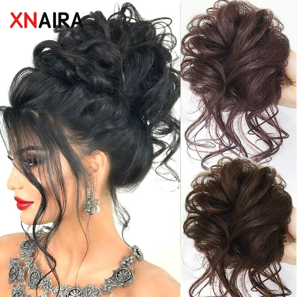 XNaira Synthetic Messy Curly Hair Bun Chignon Scrunchy Band Black Brown Fake Tail Hairpieces For Women Hairpins | Шиньоны и парики