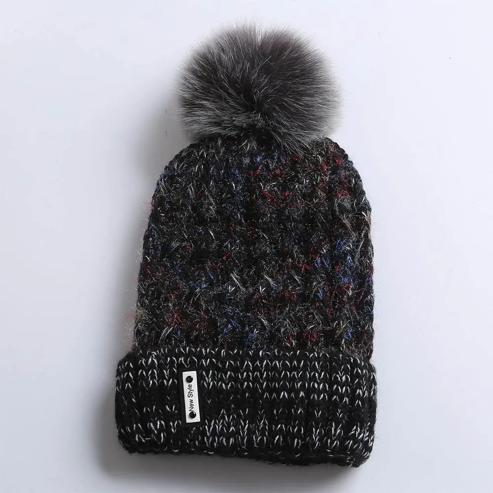 Black Knitted Cap FS стиль зимние шапки для женщин Мех животных Pom Beanie вязаный Skullies Красный розовый плюс бархат открытый уха головы теплые шапки с помпоном - Цвет: Black Knitted Cap